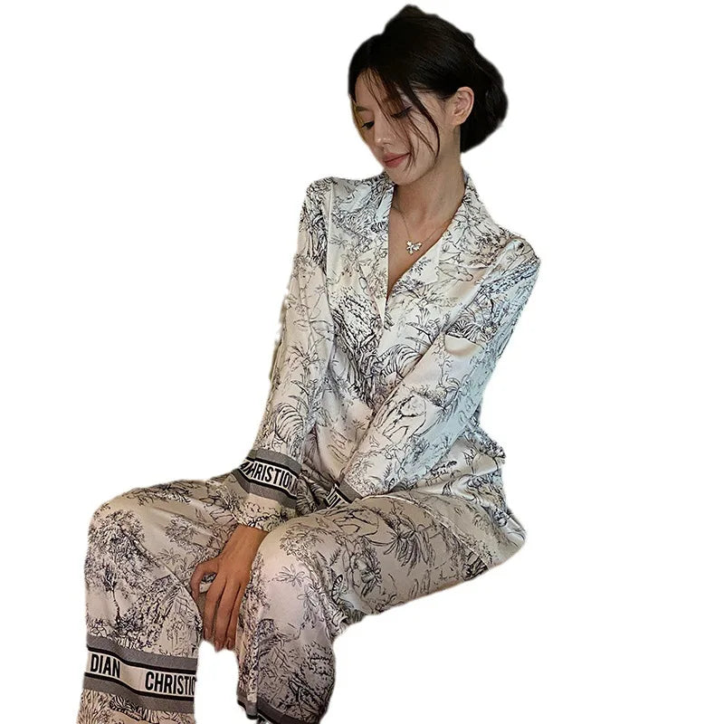Fashion Print Flower Pajamas Set Sprig Autumn Women Sleepwear Lounge Wear Long Sleeve Trouser Pijamas Suit Loose Satin Homewear - Youks store