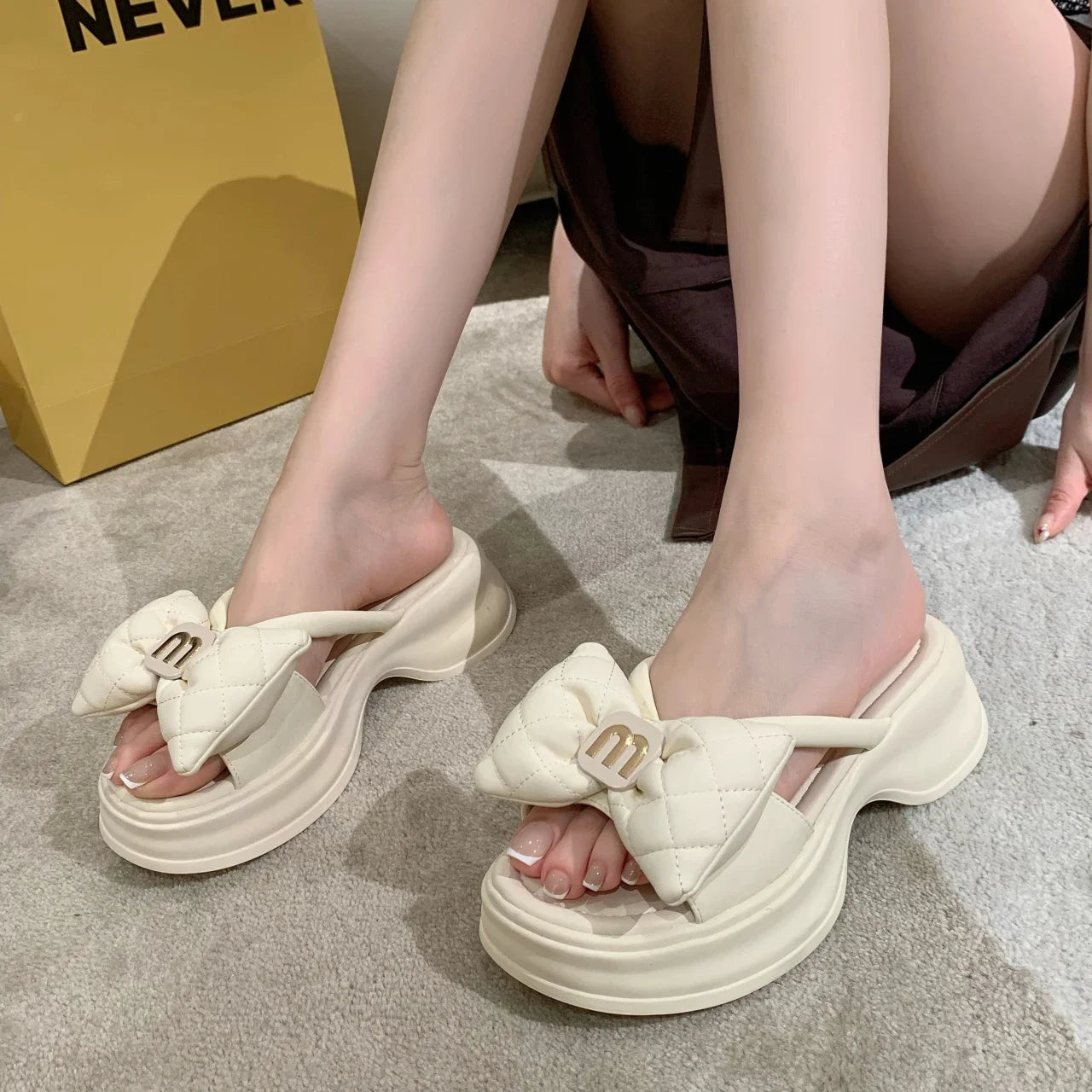 Women Slippers 2024 New Summer Casual Shoes Versatile Thick Sole Sandals Women Outwear Bow Beach Slippers Sexy Slides Women - Youks store