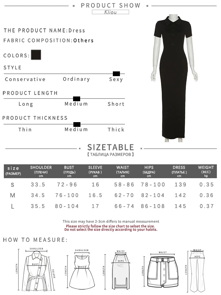 Kliou Elegant Office Lady Maxi Dress Women Solid Fashion Turn-down Collar Short Sleeve Button Side Slit Body-Shaping Street Robe - Youks store
