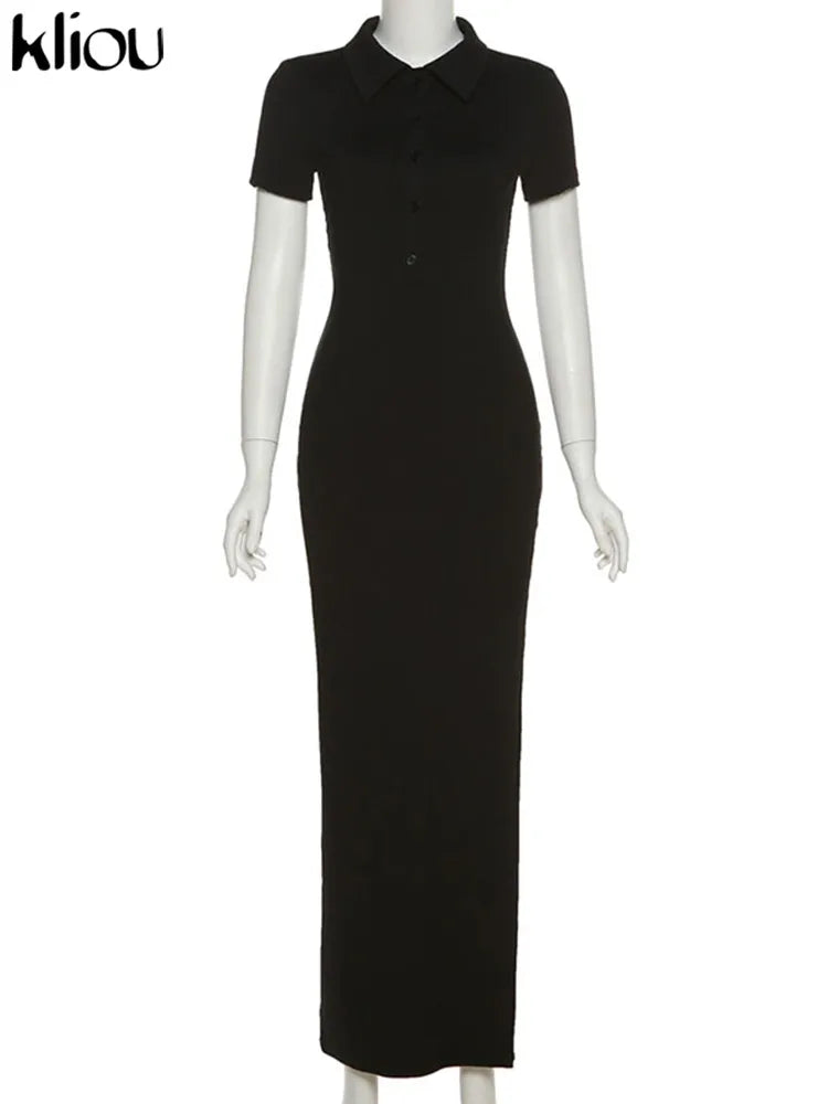 Kliou Elegant Office Lady Maxi Dress Women Solid Fashion Turn-down Collar Short Sleeve Button Side Slit Body-Shaping Street Robe - Youks store
