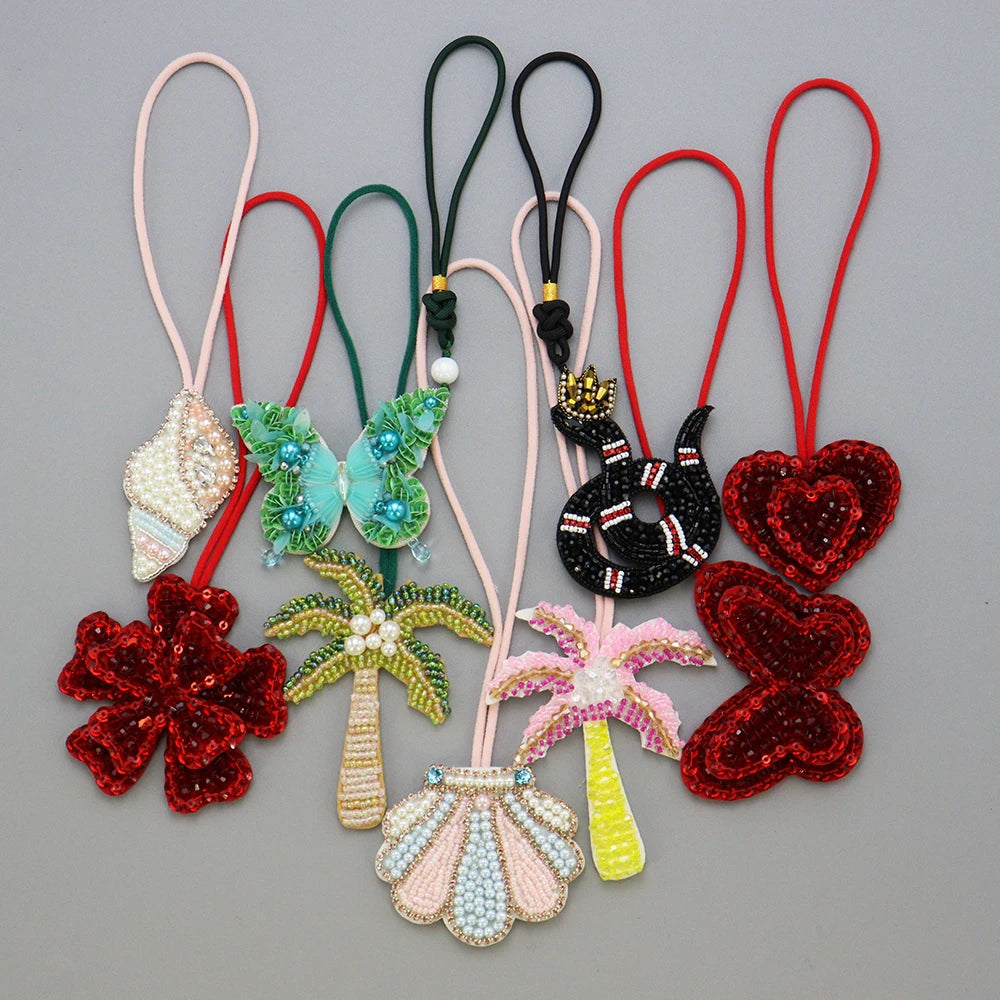 3D Handmade Rhinestone Beaded Coconut tree, butterfly hanging rope Patches Crystal Bag lanyard Patch beading Applique Patch - Youks store