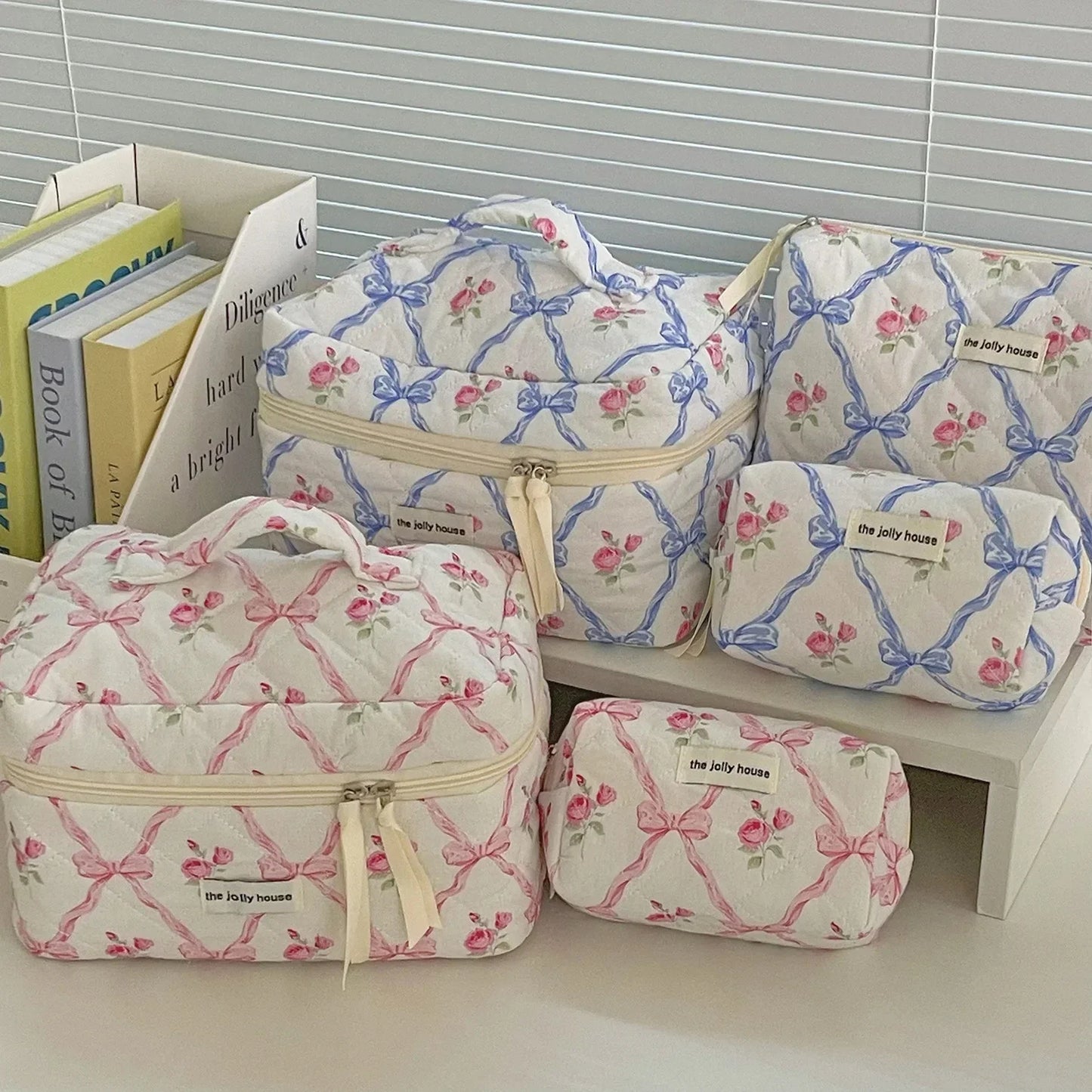 Cute Bow Flower Quilting Cotton Makeup Bag Women Zipper Cosmetic Organizer Female Cloth Handbag Portable Toiletry Case for Girls - Youks store