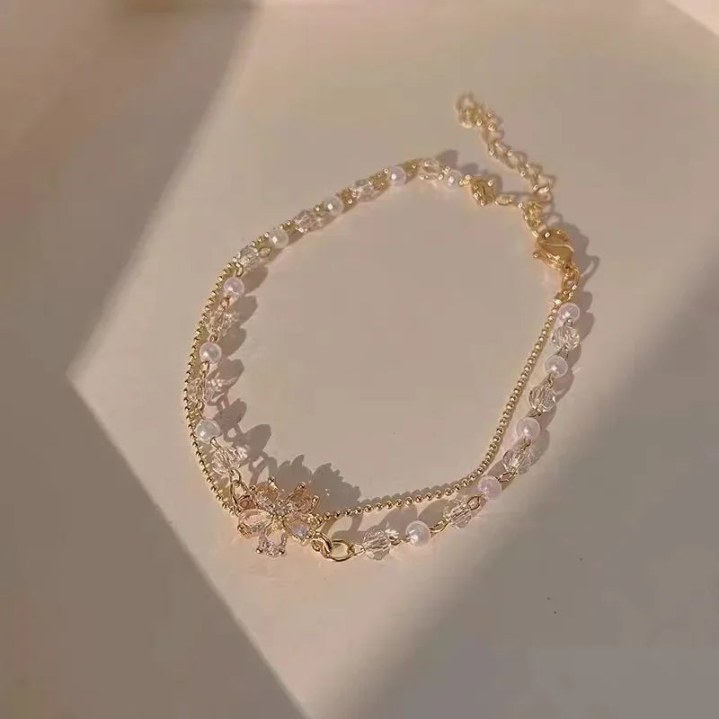Geometric Smooth Rhinestone Chain Five Leaf Grass Flower Adjustable Bracelets for Women Fashion Jewelry Minimalist Accessories