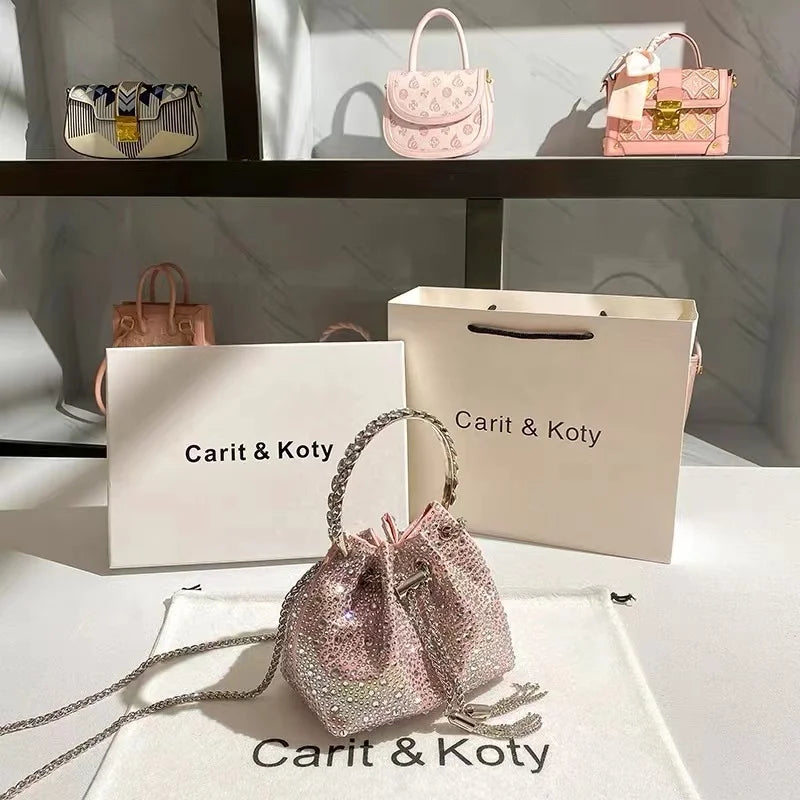 Glitter Shiny Diamonds Evening Bag Metal Ring Handle Bucket Bag Women Handbag Wedding Party Clutch Purse Shoulder Crossbody Bag - Youks store