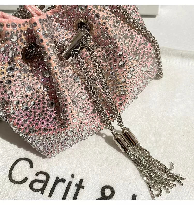Glitter Shiny Diamonds Evening Bag Metal Ring Handle Bucket Bag Women Handbag Wedding Party Clutch Purse Shoulder Crossbody Bag - Youks store