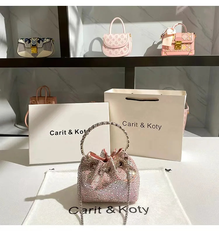 Glitter Shiny Diamonds Evening Bag Metal Ring Handle Bucket Bag Women Handbag Wedding Party Clutch Purse Shoulder Crossbody Bag - Youks store