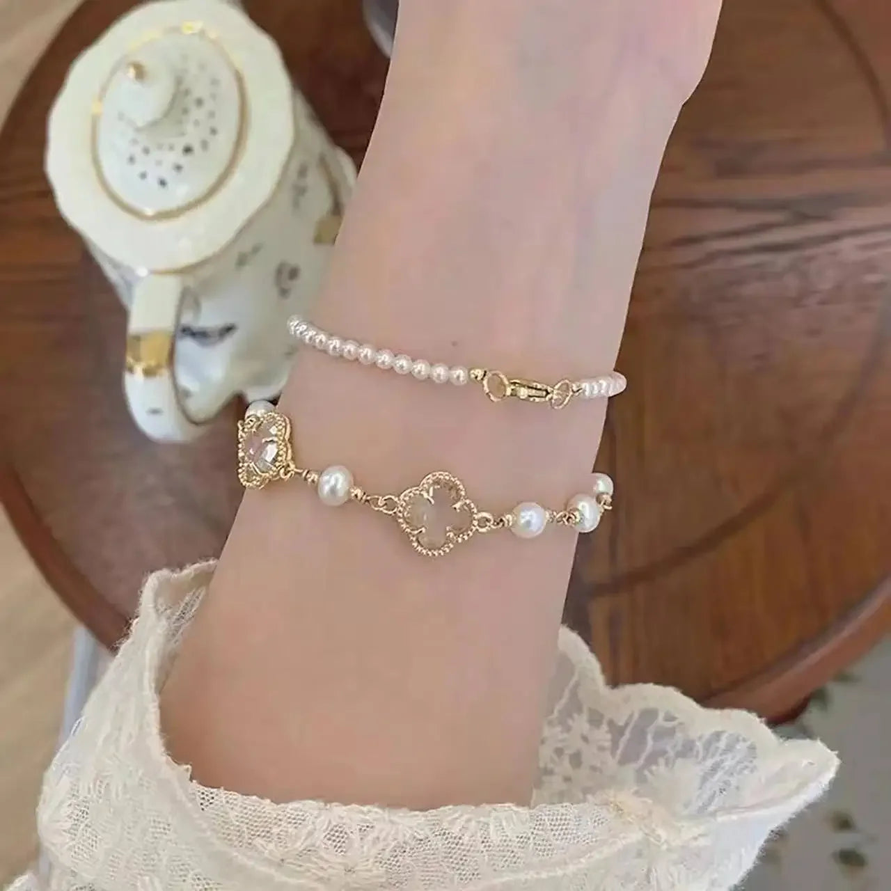 Geometric Smooth Rhinestone Chain Five Leaf Grass Flower Adjustable Bracelets for Women Fashion Jewelry Minimalist Accessories