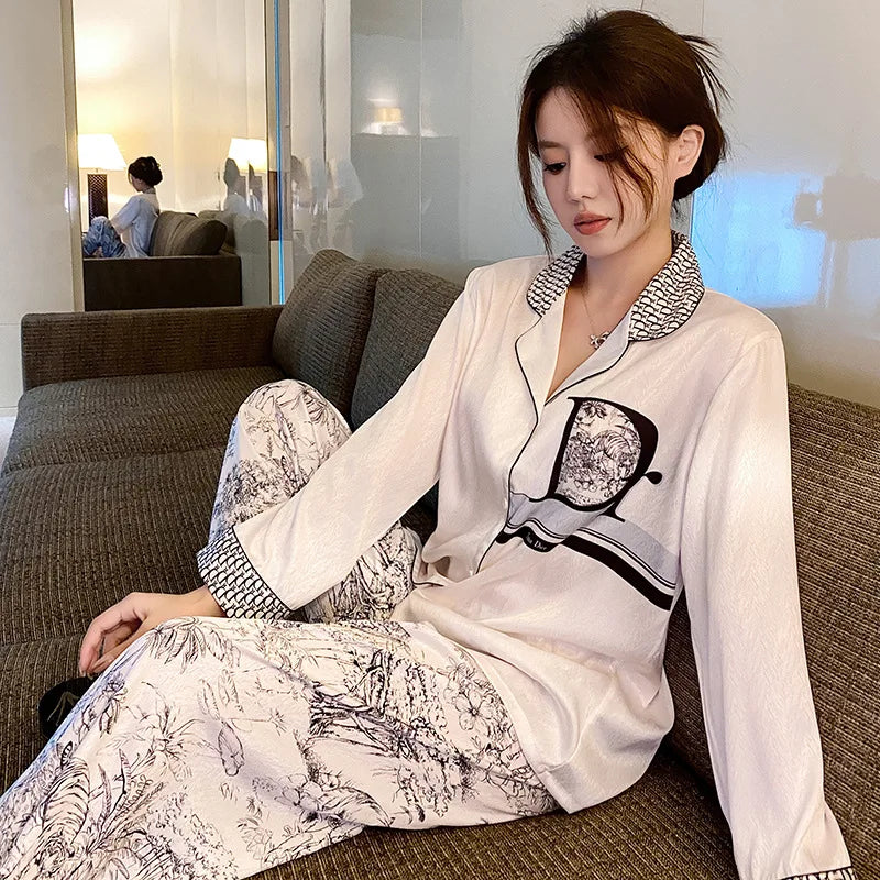 Fashion Print Flower Pajamas Set Sprig Autumn Women Sleepwear Lounge Wear Long Sleeve Trouser Pijamas Suit Loose Satin Homewear - Youks store