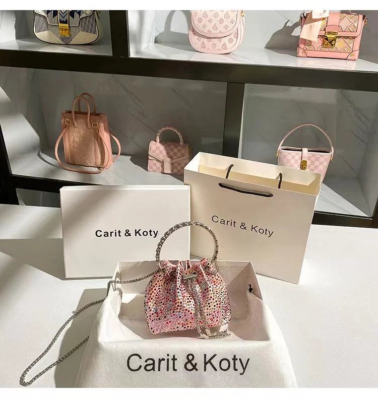 Glitter Shiny Diamonds Evening Bag Metal Ring Handle Bucket Bag Women Handbag Wedding Party Clutch Purse Shoulder Crossbody Bag - Youks store