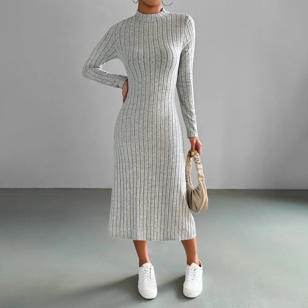Women Elegant Bodycon Knit Dress Autumn Winter Hooded Turtleneck Temperament Slim Long Sleeve Solid Ribbed Long Dress Streetwear - Youks store