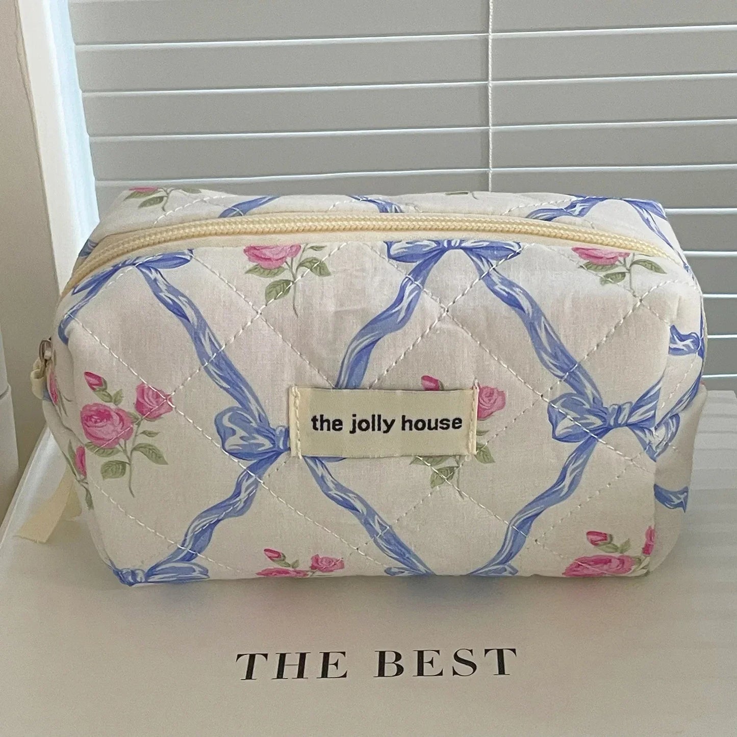 Cute Bow Flower Quilting Cotton Makeup Bag Women Zipper Cosmetic Organizer Female Cloth Handbag Portable Toiletry Case for Girls - Youks store