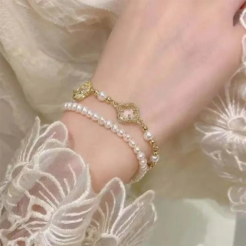 Geometric Smooth Rhinestone Chain Five Leaf Grass Flower Adjustable Bracelets for Women Fashion Jewelry Minimalist Accessories