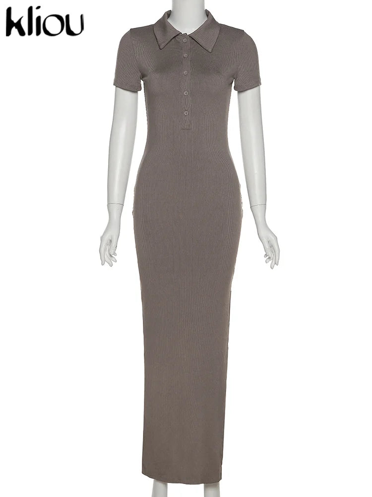 Kliou Elegant Office Lady Maxi Dress Women Solid Fashion Turn-down Collar Short Sleeve Button Side Slit Body-Shaping Street Robe - Youks store