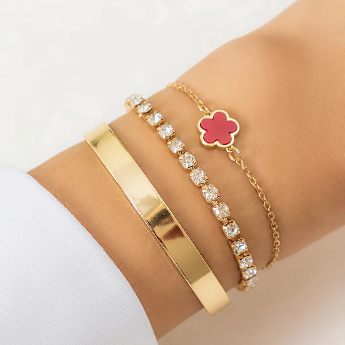 Geometric Smooth Rhinestone Chain Five Leaf Grass Flower Adjustable Bracelets for Women Fashion Jewelry Minimalist Accessories