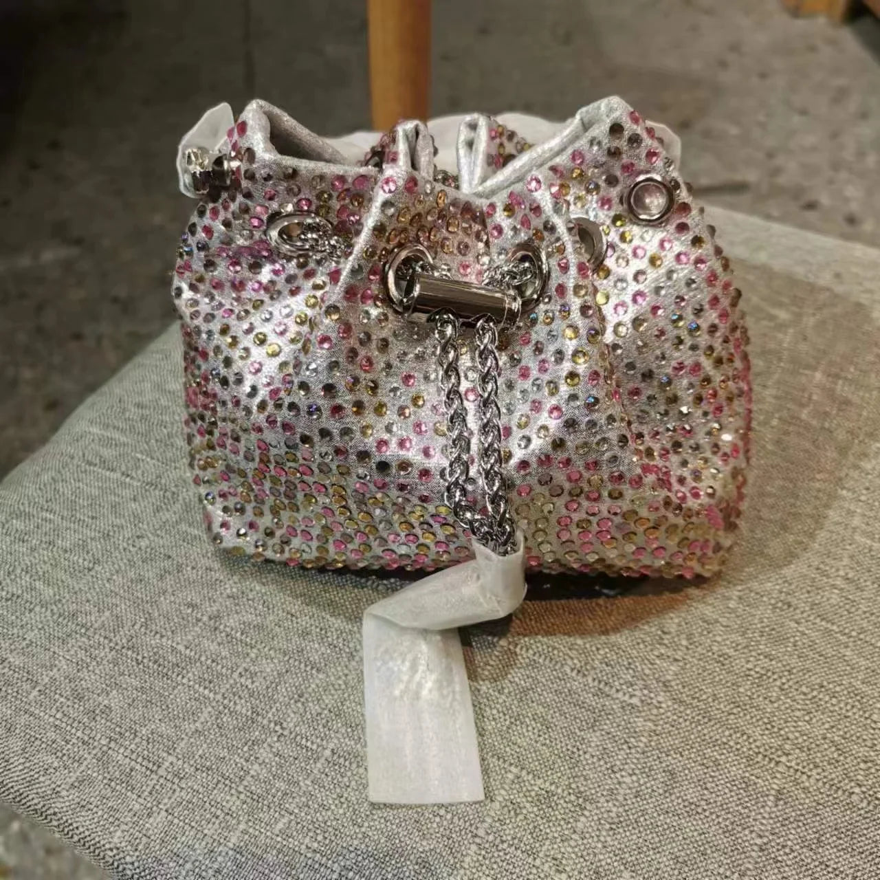 Glitter Shiny Diamonds Evening Bag Metal Ring Handle Bucket Bag Women Handbag Wedding Party Clutch Purse Shoulder Crossbody Bag - Youks store
