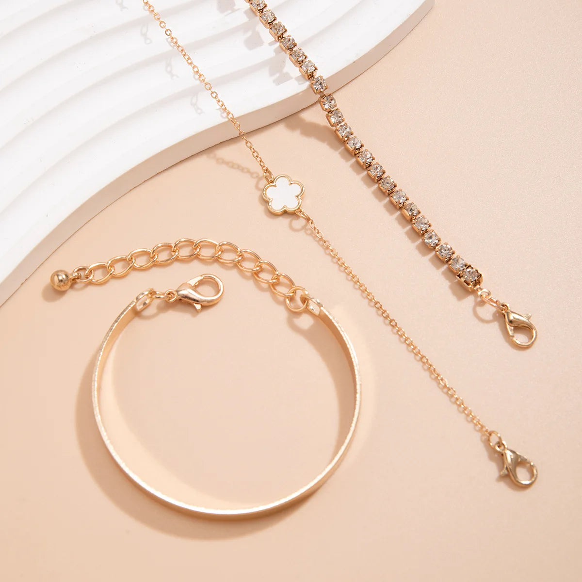 Geometric Smooth Rhinestone Chain Five Leaf Grass Flower Adjustable Bracelets for Women Fashion Jewelry Minimalist Accessories