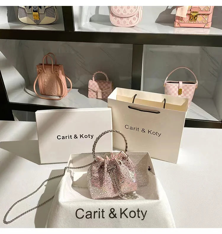 Glitter Shiny Diamonds Evening Bag Metal Ring Handle Bucket Bag Women Handbag Wedding Party Clutch Purse Shoulder Crossbody Bag - Youks store