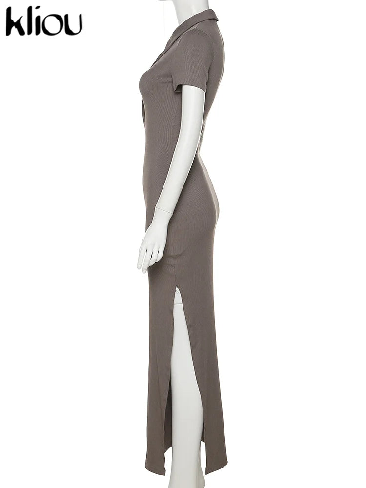 Kliou Elegant Office Lady Maxi Dress Women Solid Fashion Turn-down Collar Short Sleeve Button Side Slit Body-Shaping Street Robe - Youks store