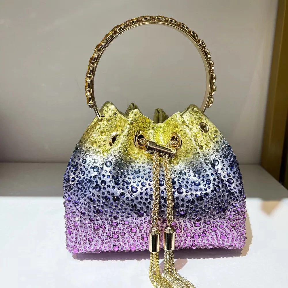 Glitter Shiny Diamonds Evening Bag Metal Ring Handle Bucket Bag Women Handbag Wedding Party Clutch Purse Shoulder Crossbody Bag - Youks store