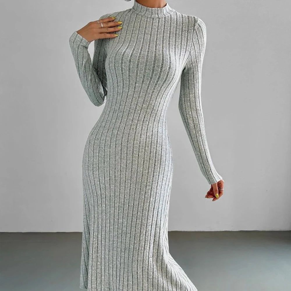 Women Elegant Bodycon Knit Dress Autumn Winter Hooded Turtleneck Temperament Slim Long Sleeve Solid Ribbed Long Dress Streetwear - Youks store