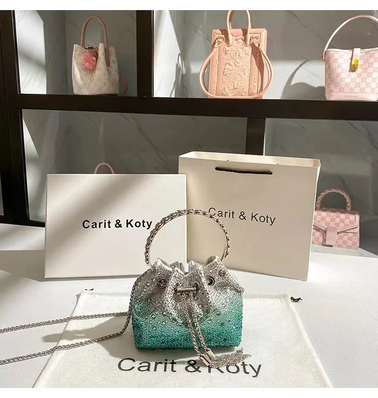 Glitter Shiny Diamonds Evening Bag Metal Ring Handle Bucket Bag Women Handbag Wedding Party Clutch Purse Shoulder Crossbody Bag - Youks store