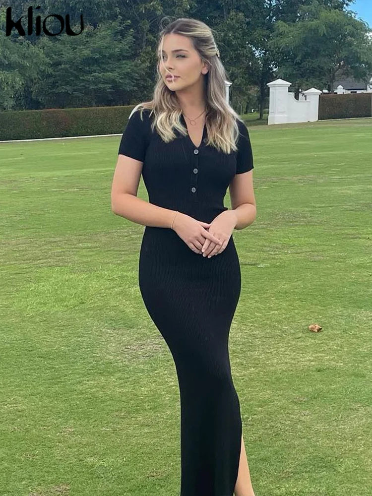 Kliou Elegant Office Lady Maxi Dress Women Solid Fashion Turn-down Collar Short Sleeve Button Side Slit Body-Shaping Street Robe - Youks store