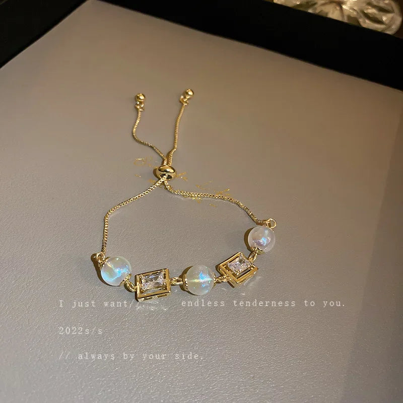 Geometric Smooth Rhinestone Chain Five Leaf Grass Flower Adjustable Bracelets for Women Fashion Jewelry Minimalist Accessories