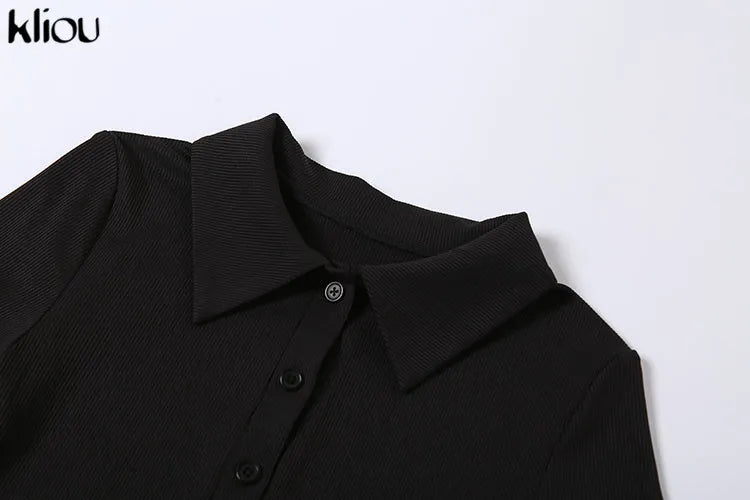 Kliou Elegant Office Lady Maxi Dress Women Solid Fashion Turn-down Collar Short Sleeve Button Side Slit Body-Shaping Street Robe - Youks store