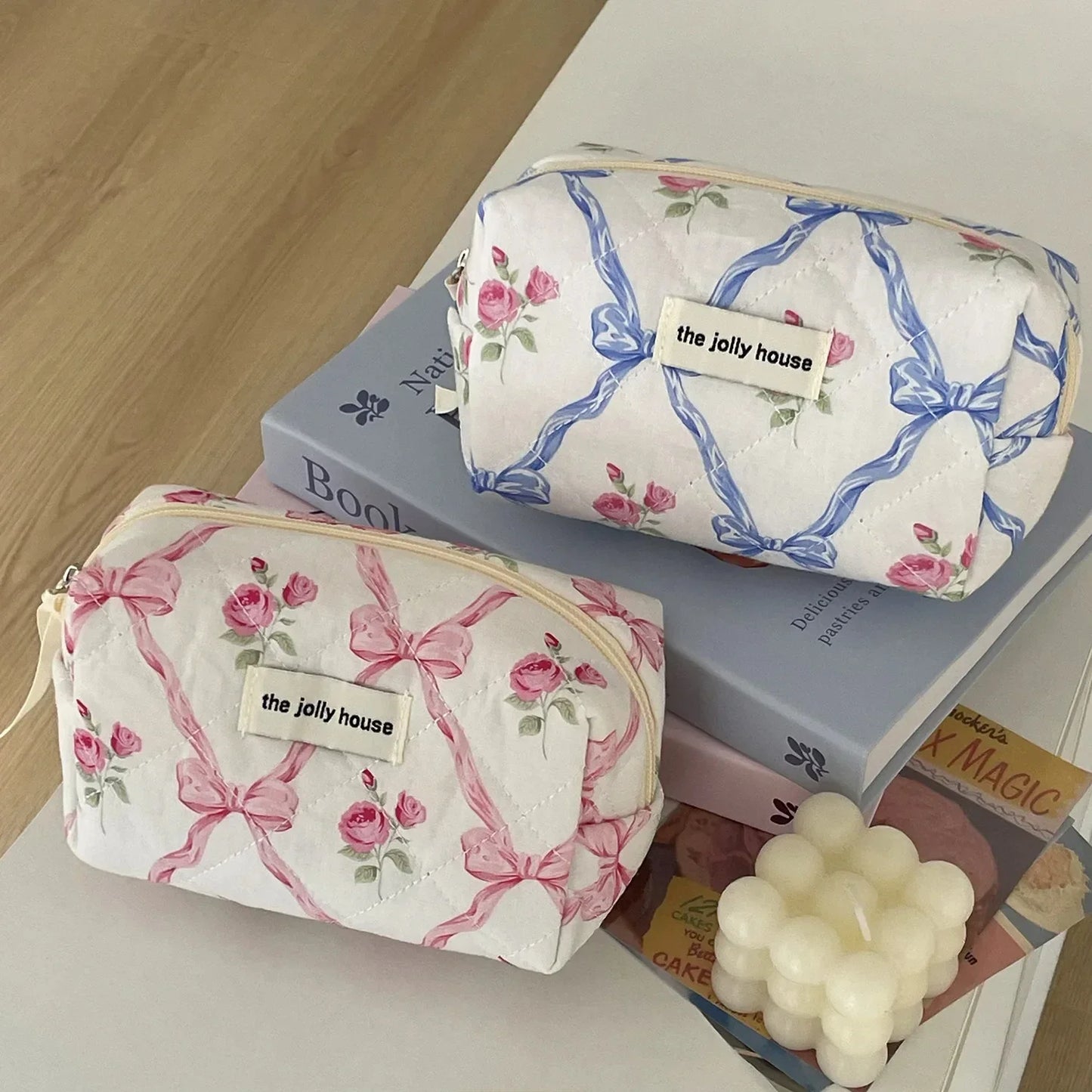Cute Bow Flower Quilting Cotton Makeup Bag Women Zipper Cosmetic Organizer Female Cloth Handbag Portable Toiletry Case for Girls - Youks store