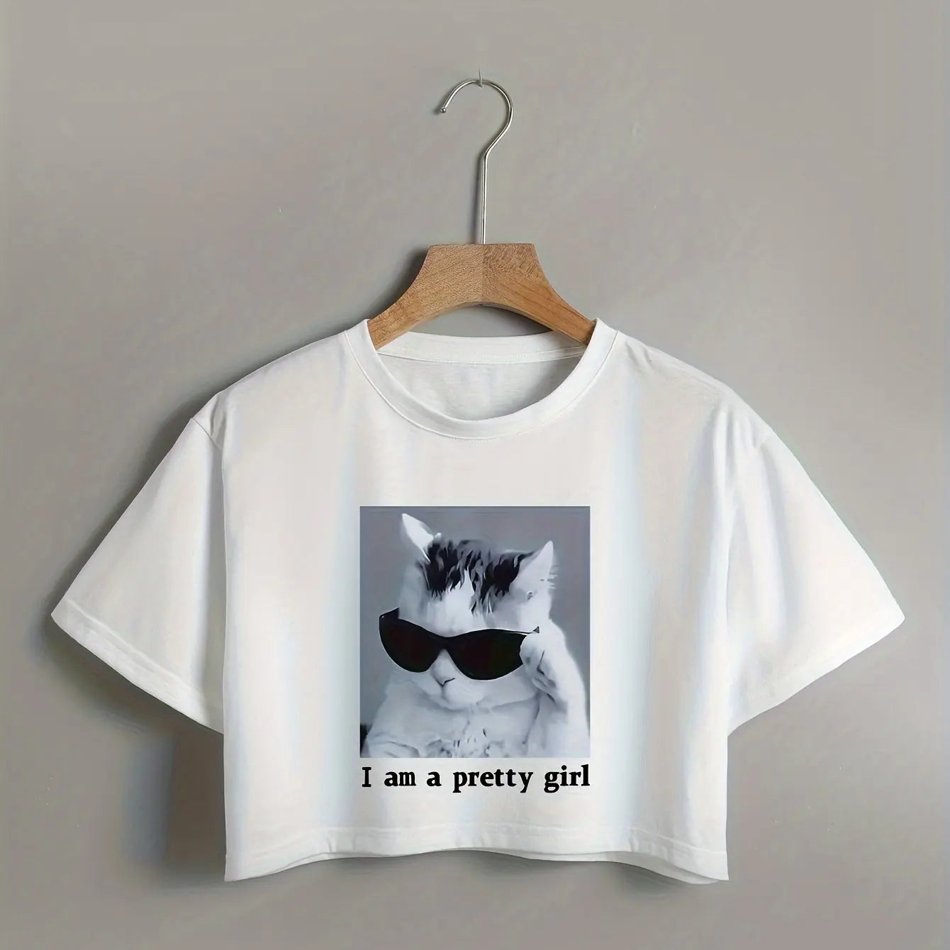 Cool Cat & Letter Print Crop T-Shirt Casual Crew Neck Short Sleeve T-Shirt for Spring & Summer Women's Clothing - Youks store