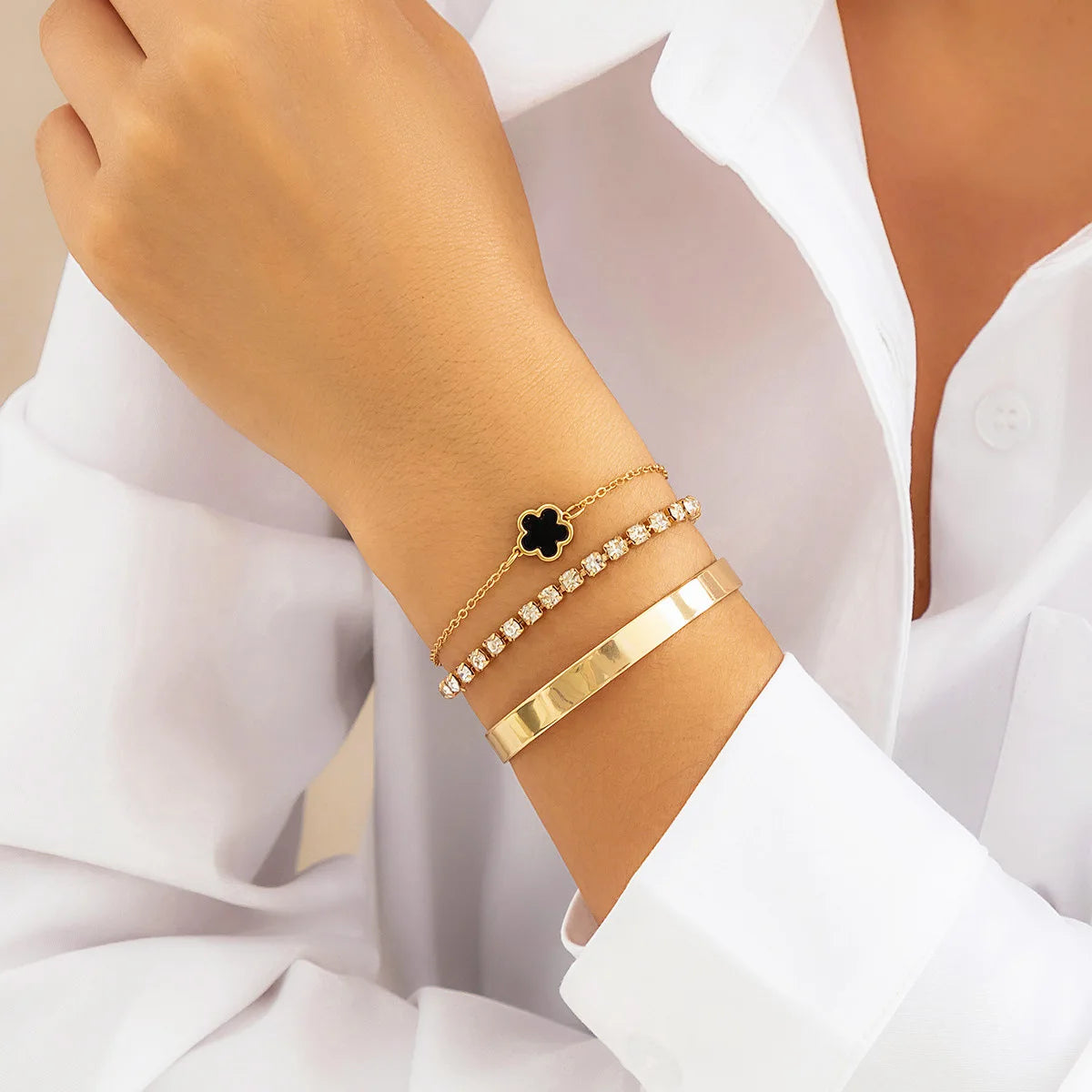 Geometric Smooth Rhinestone Chain Five Leaf Grass Flower Adjustable Bracelets for Women Fashion Jewelry Minimalist Accessories