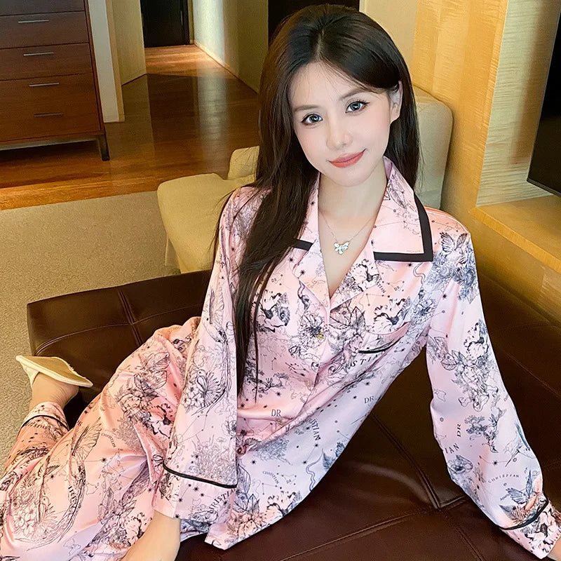 Fashion Print Flower Pajamas Set Sprig Autumn Women Sleepwear Lounge Wear Long Sleeve Trouser Pijamas Suit Loose Satin Homewear - Youks store