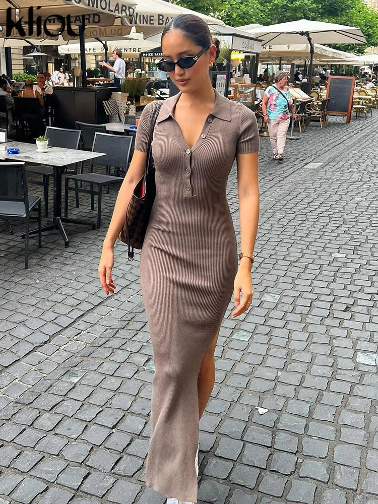 Kliou Elegant Office Lady Maxi Dress Women Solid Fashion Turn-down Collar Short Sleeve Button Side Slit Body-Shaping Street Robe - Youks store