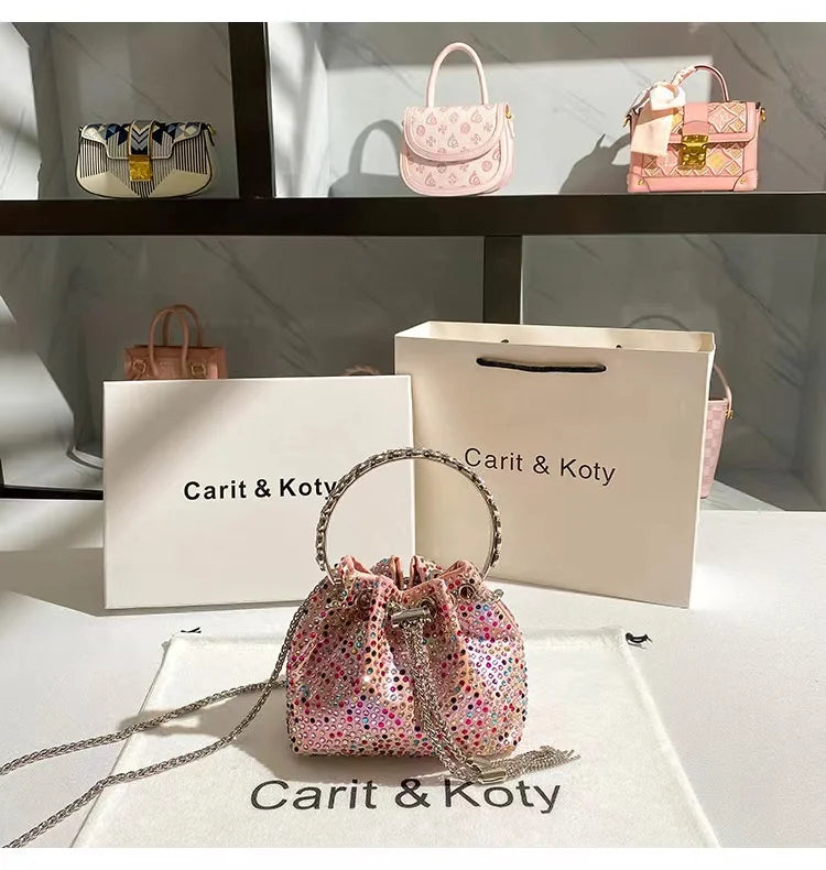 Glitter Shiny Diamonds Evening Bag Metal Ring Handle Bucket Bag Women Handbag Wedding Party Clutch Purse Shoulder Crossbody Bag - Youks store