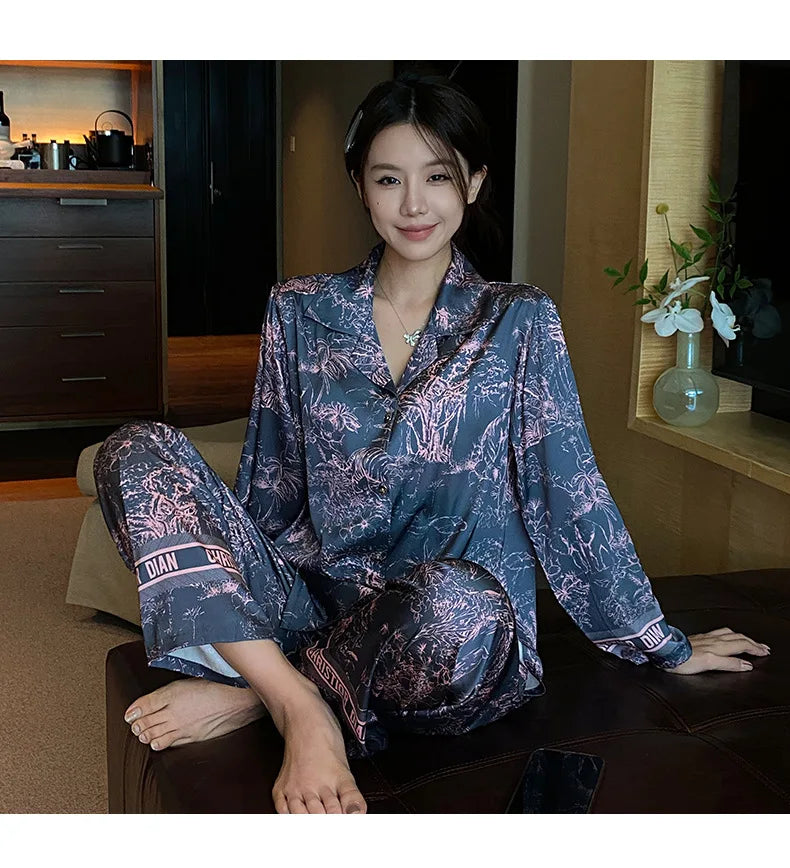 Fashion Print Flower Pajamas Set Sprig Autumn Women Sleepwear Lounge Wear Long Sleeve Trouser Pijamas Suit Loose Satin Homewear - Youks store