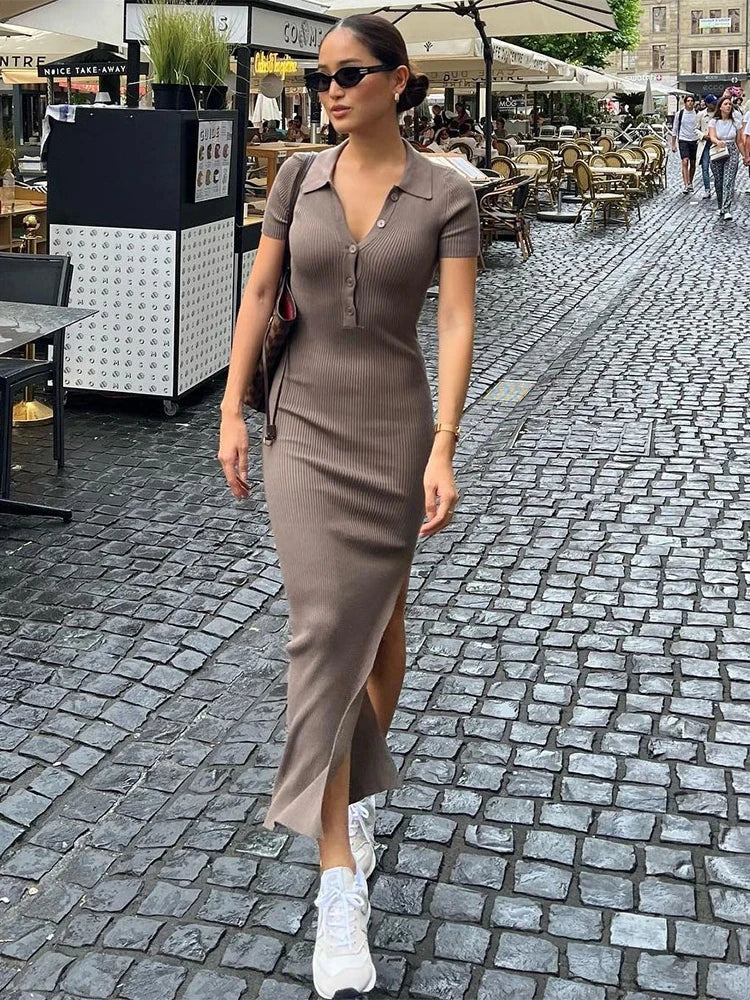 Kliou Elegant Office Lady Maxi Dress Women Solid Fashion Turn-down Collar Short Sleeve Button Side Slit Body-Shaping Street Robe - Youks store