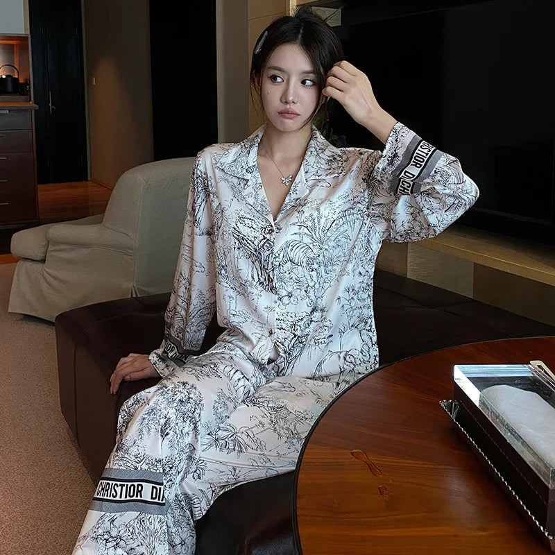 Fashion Print Flower Pajamas Set Sprig Autumn Women Sleepwear Lounge Wear Long Sleeve Trouser Pijamas Suit Loose Satin Homewear - Youks store