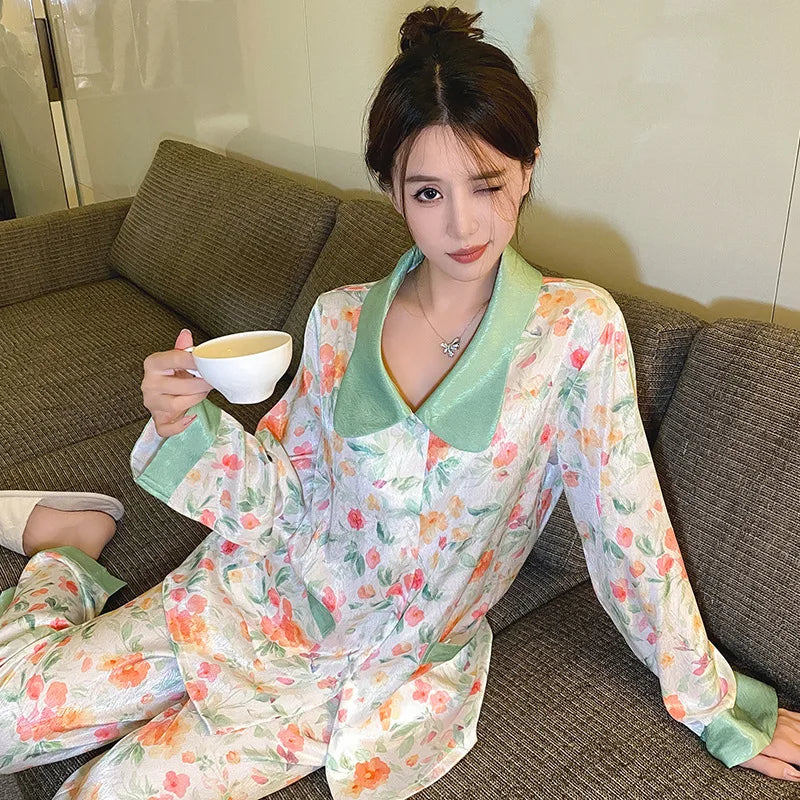 Fashion Print Flower Pajamas Set Sprig Autumn Women Sleepwear Lounge Wear Long Sleeve Trouser Pijamas Suit Loose Satin Homewear - Youks store