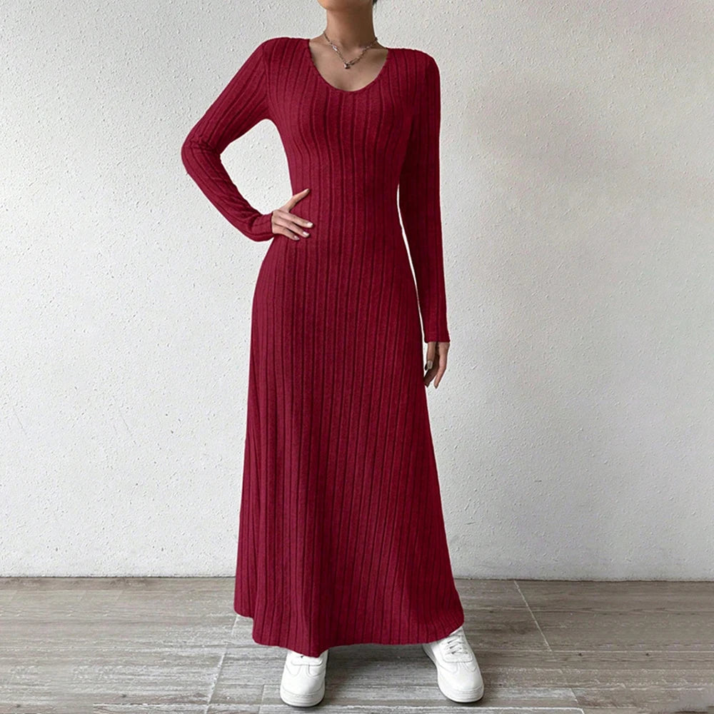 Women Elegant Bodycon Knit Dress Autumn Winter Hooded Turtleneck Temperament Slim Long Sleeve Solid Ribbed Long Dress Streetwear - Youks store