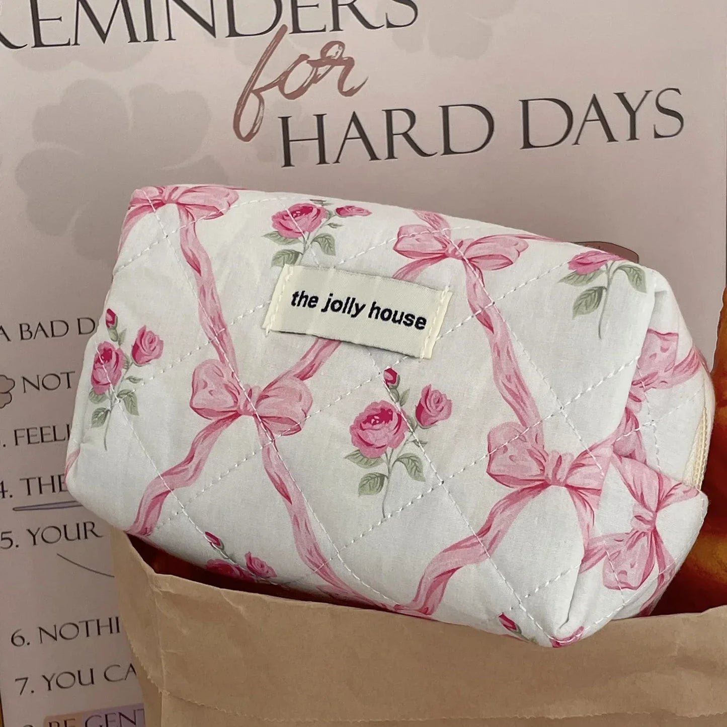 Cute Bow Flower Quilting Cotton Makeup Bag Women Zipper Cosmetic Organizer Female Cloth Handbag Portable Toiletry Case for Girls - Youks store