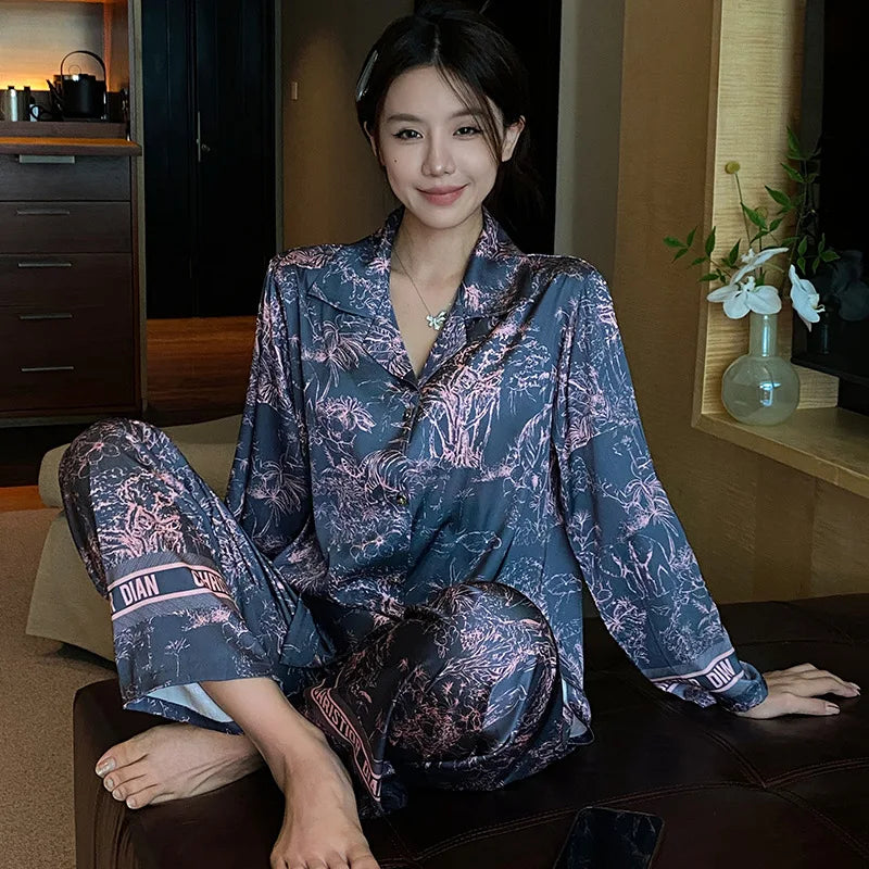 Fashion Print Flower Pajamas Set Sprig Autumn Women Sleepwear Lounge Wear Long Sleeve Trouser Pijamas Suit Loose Satin Homewear - Youks store