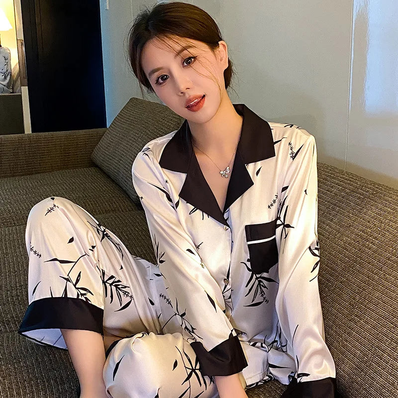 Fashion Print Flower Pajamas Set Sprig Autumn Women Sleepwear Lounge Wear Long Sleeve Trouser Pijamas Suit Loose Satin Homewear - Youks store