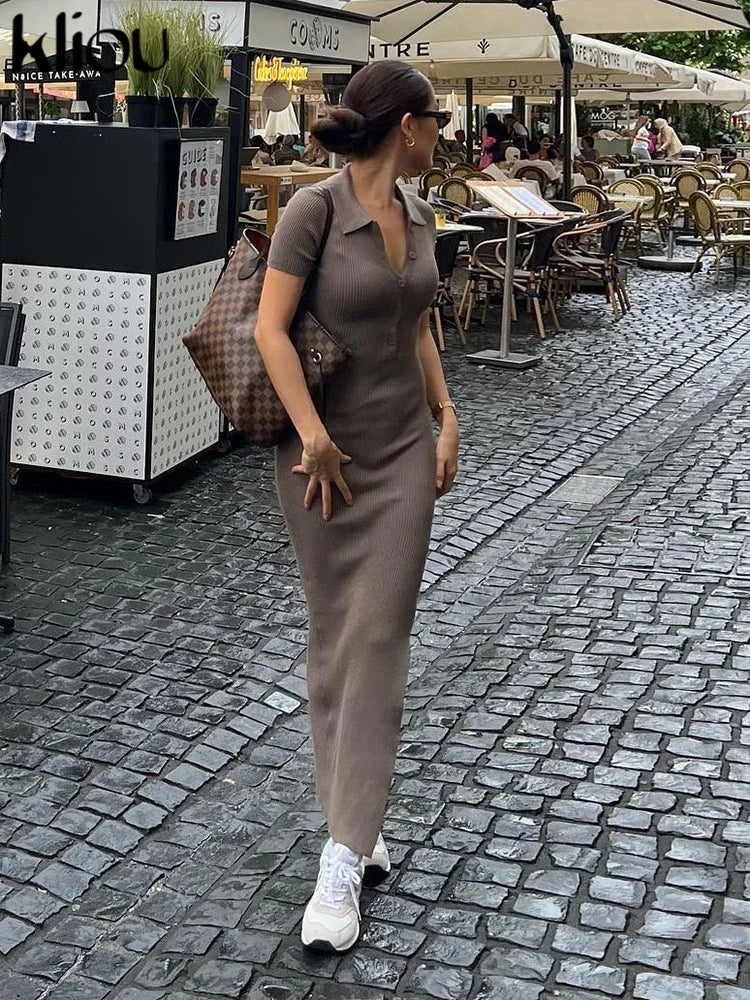 Kliou Elegant Office Lady Maxi Dress Women Solid Fashion Turn-down Collar Short Sleeve Button Side Slit Body-Shaping Street Robe - Youks store