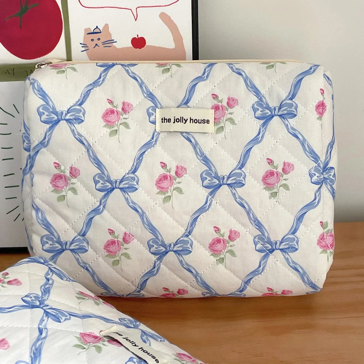 Cute Bow Flower Quilting Cotton Makeup Bag Women Zipper Cosmetic Organizer Female Cloth Handbag Portable Toiletry Case for Girls - Youks store