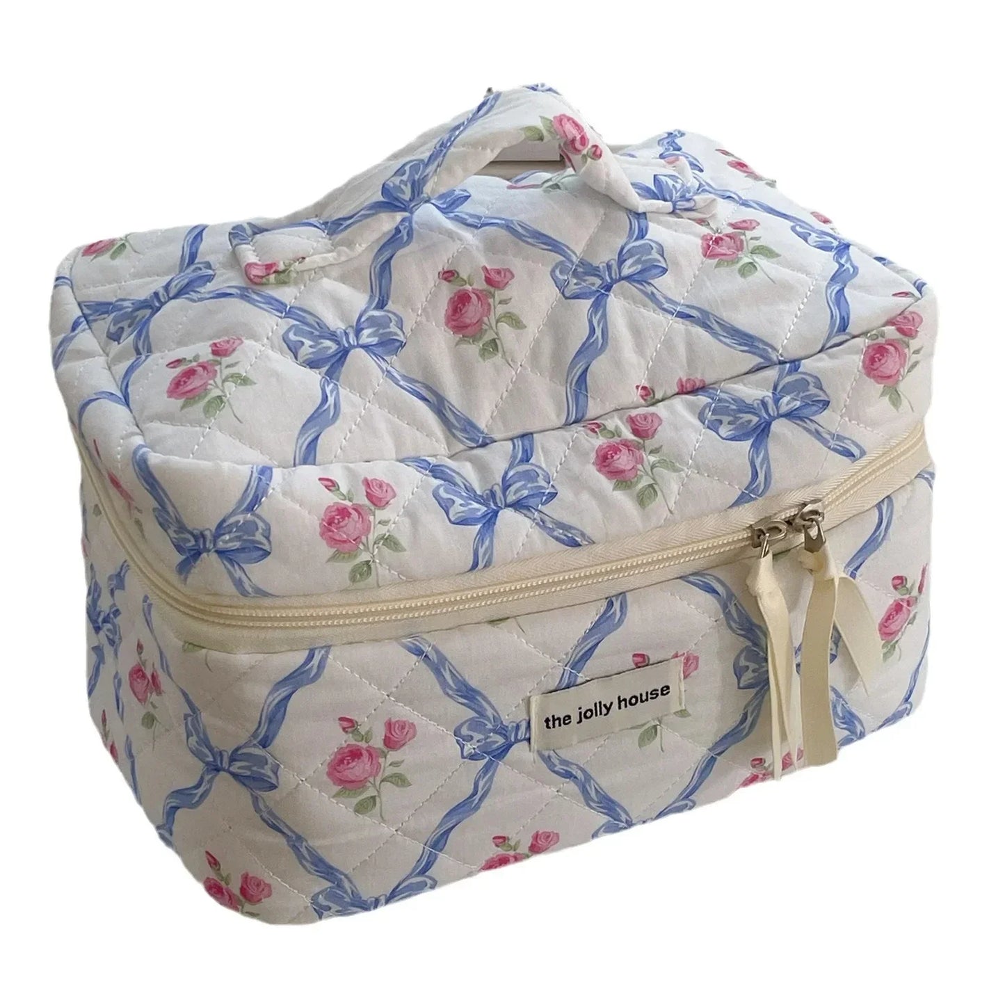Cute Bow Flower Quilting Cotton Makeup Bag Women Zipper Cosmetic Organizer Female Cloth Handbag Portable Toiletry Case for Girls - Youks store