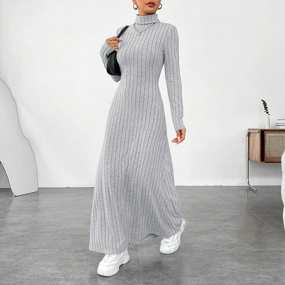 Women Elegant Bodycon Knit Dress Autumn Winter Hooded Turtleneck Temperament Slim Long Sleeve Solid Ribbed Long Dress Streetwear - Youks store