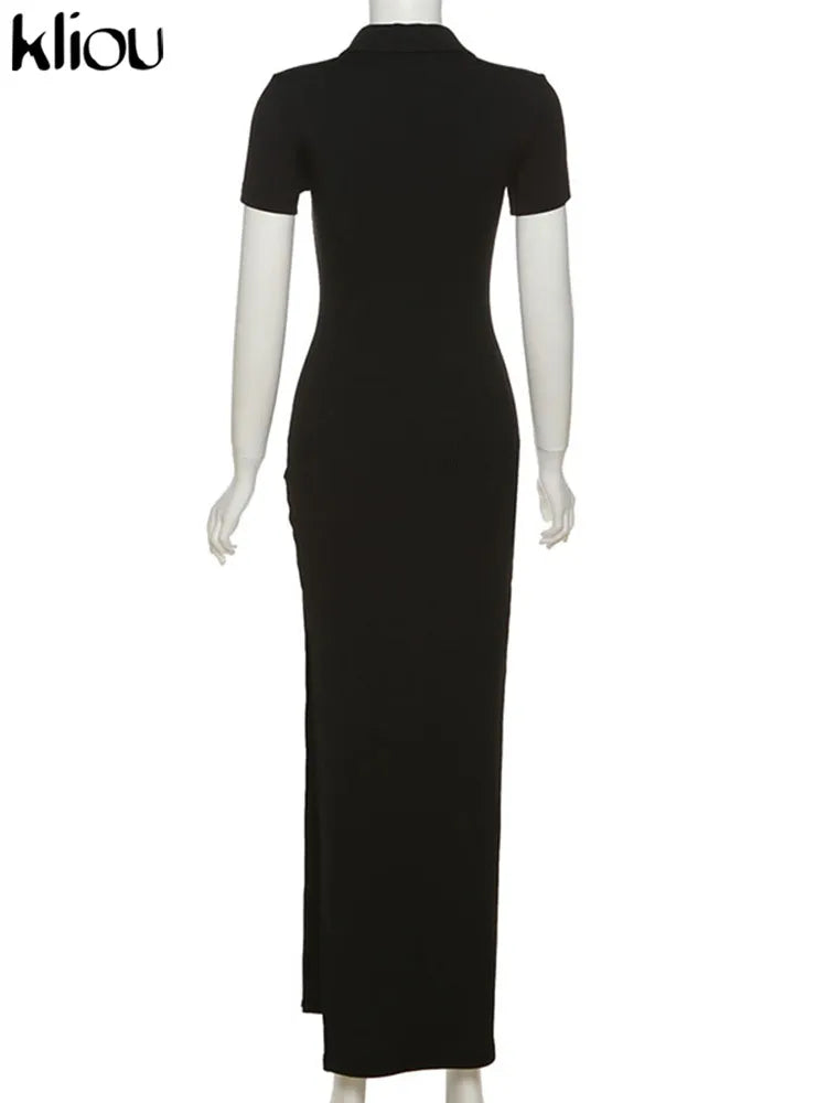 Kliou Elegant Office Lady Maxi Dress Women Solid Fashion Turn-down Collar Short Sleeve Button Side Slit Body-Shaping Street Robe - Youks store