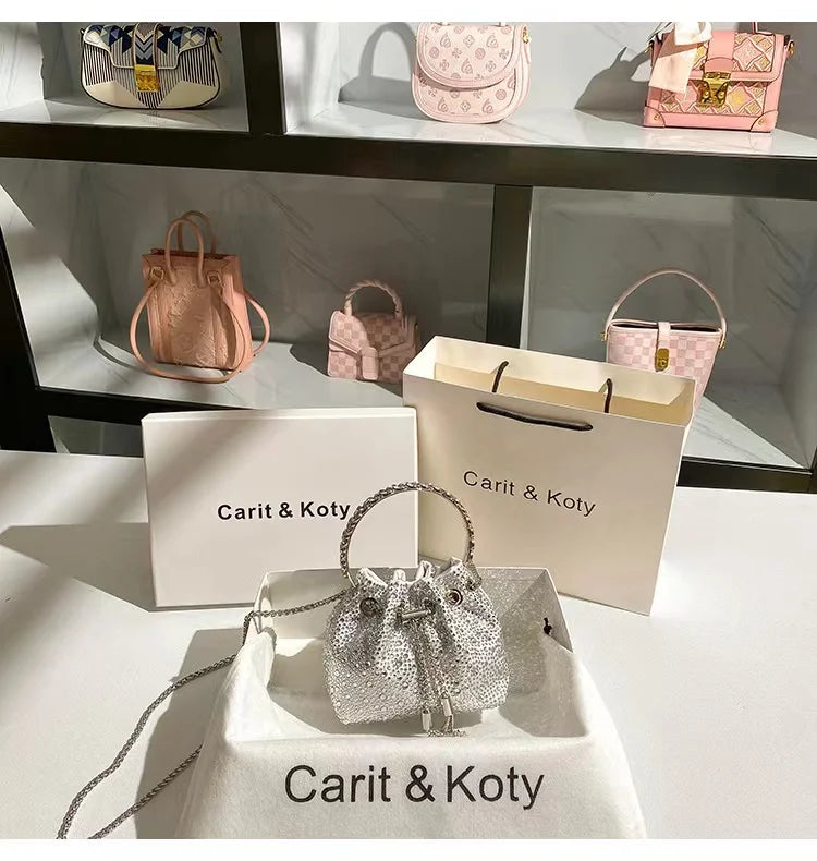 Glitter Shiny Diamonds Evening Bag Metal Ring Handle Bucket Bag Women Handbag Wedding Party Clutch Purse Shoulder Crossbody Bag - Youks store