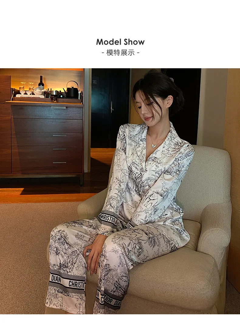 Fashion Print Flower Pajamas Set Sprig Autumn Women Sleepwear Lounge Wear Long Sleeve Trouser Pijamas Suit Loose Satin Homewear - Youks store