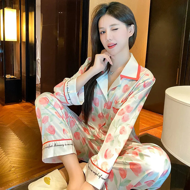 Fashion Print Flower Pajamas Set Sprig Autumn Women Sleepwear Lounge Wear Long Sleeve Trouser Pijamas Suit Loose Satin Homewear - Youks store